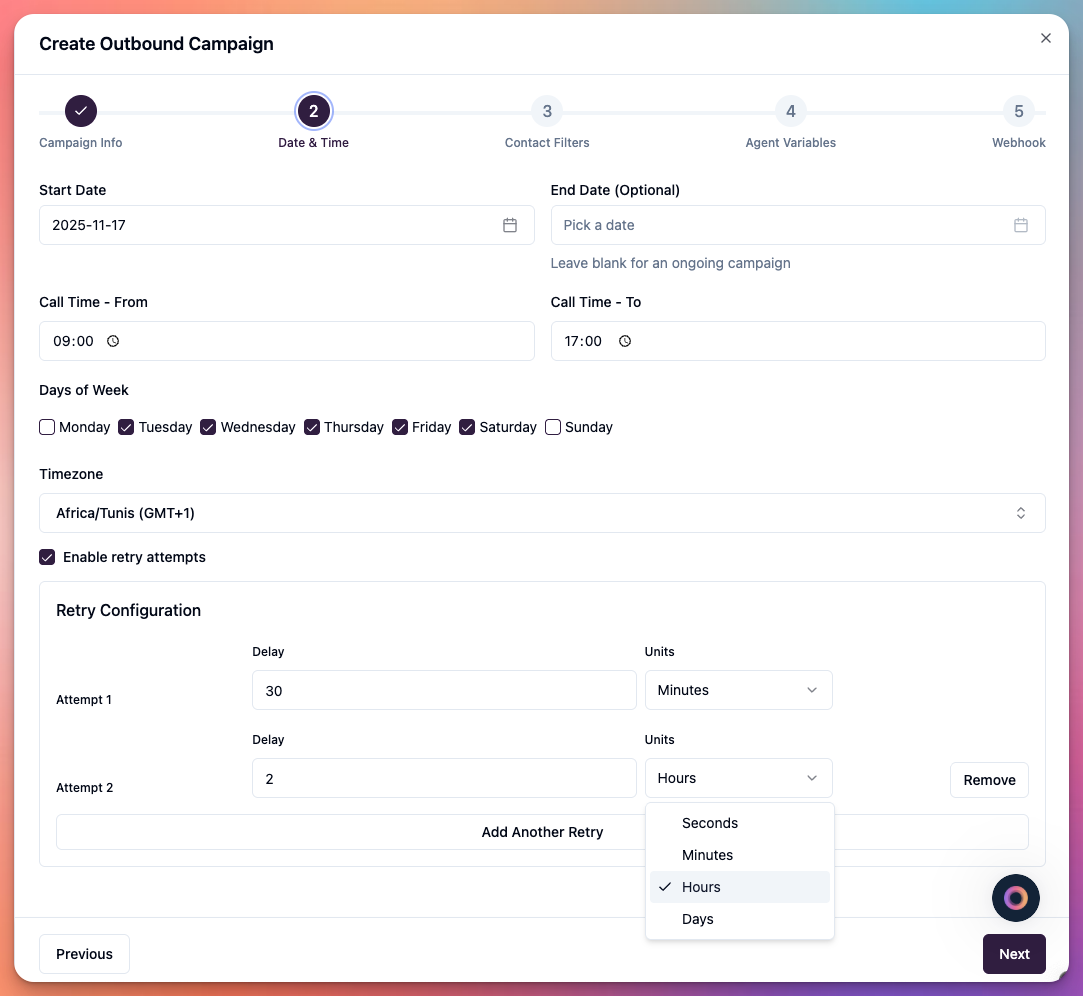 Campaigns > new outbound campaign > step 2