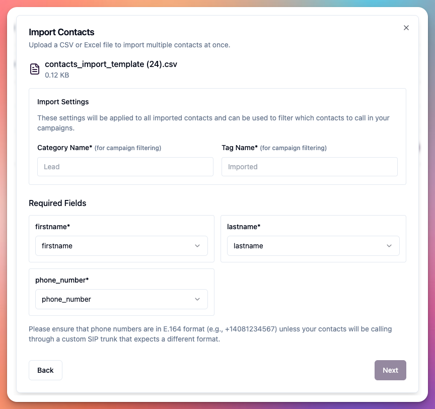 Contacts > import contacts step 2 > select fields to map + category + tag names
