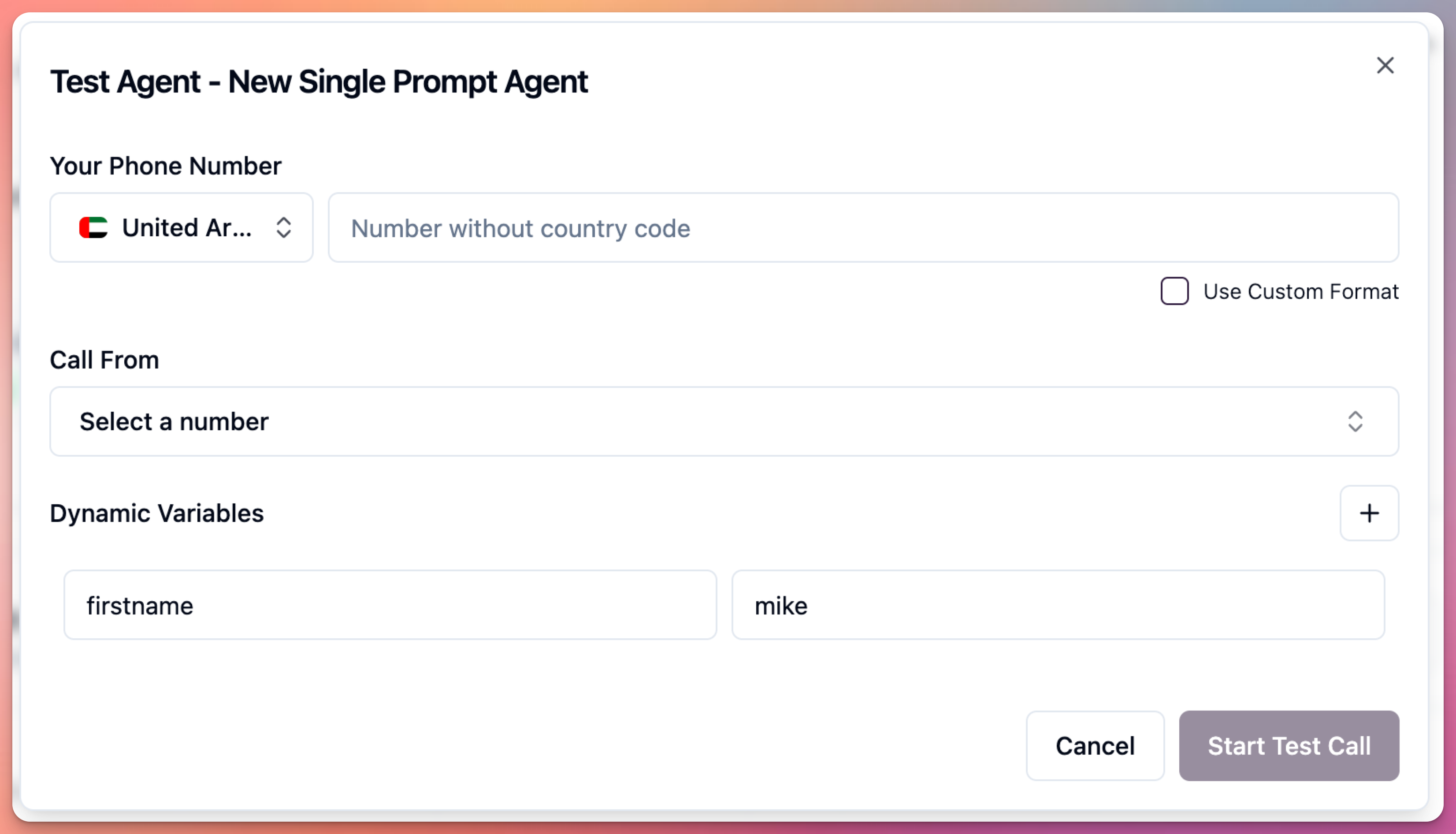 agent edit screen - test call over phone