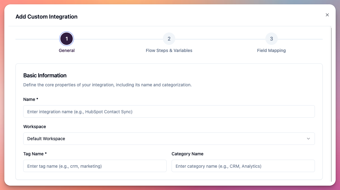 Integrations > new integration > step 1 > section 1