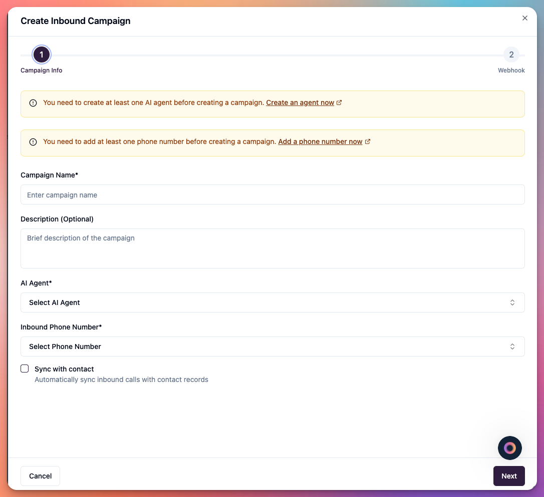 Campaigns > new inbound campaign > step 1
