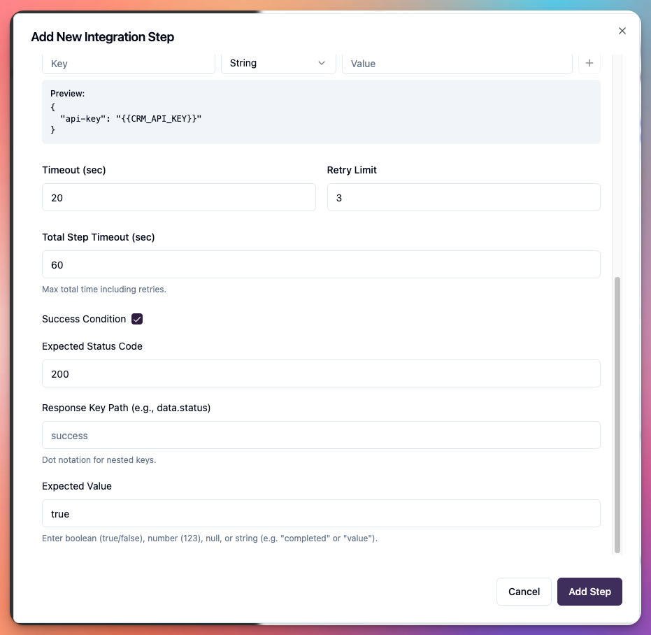 Integrations > new integration > step 2 > add new step section 2