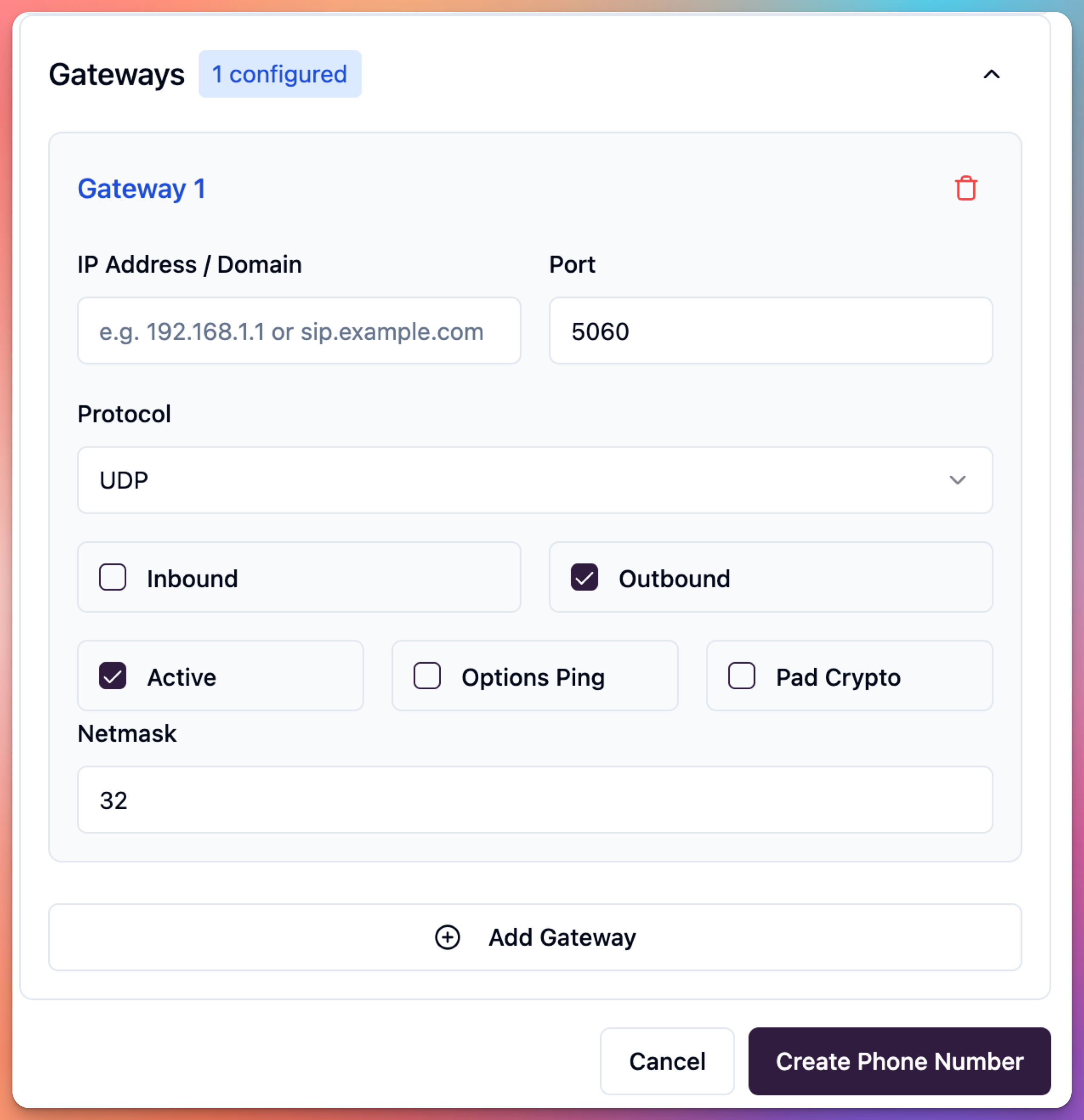 phone number screen - sip trunk - section gateways for ip, inbound or outbound or both, protocol, sip options pings