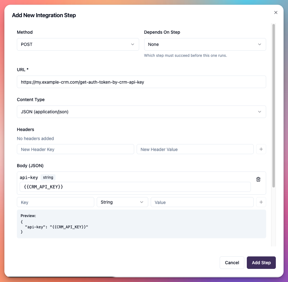 Integrations > new integration > step 2 > add new step section 1