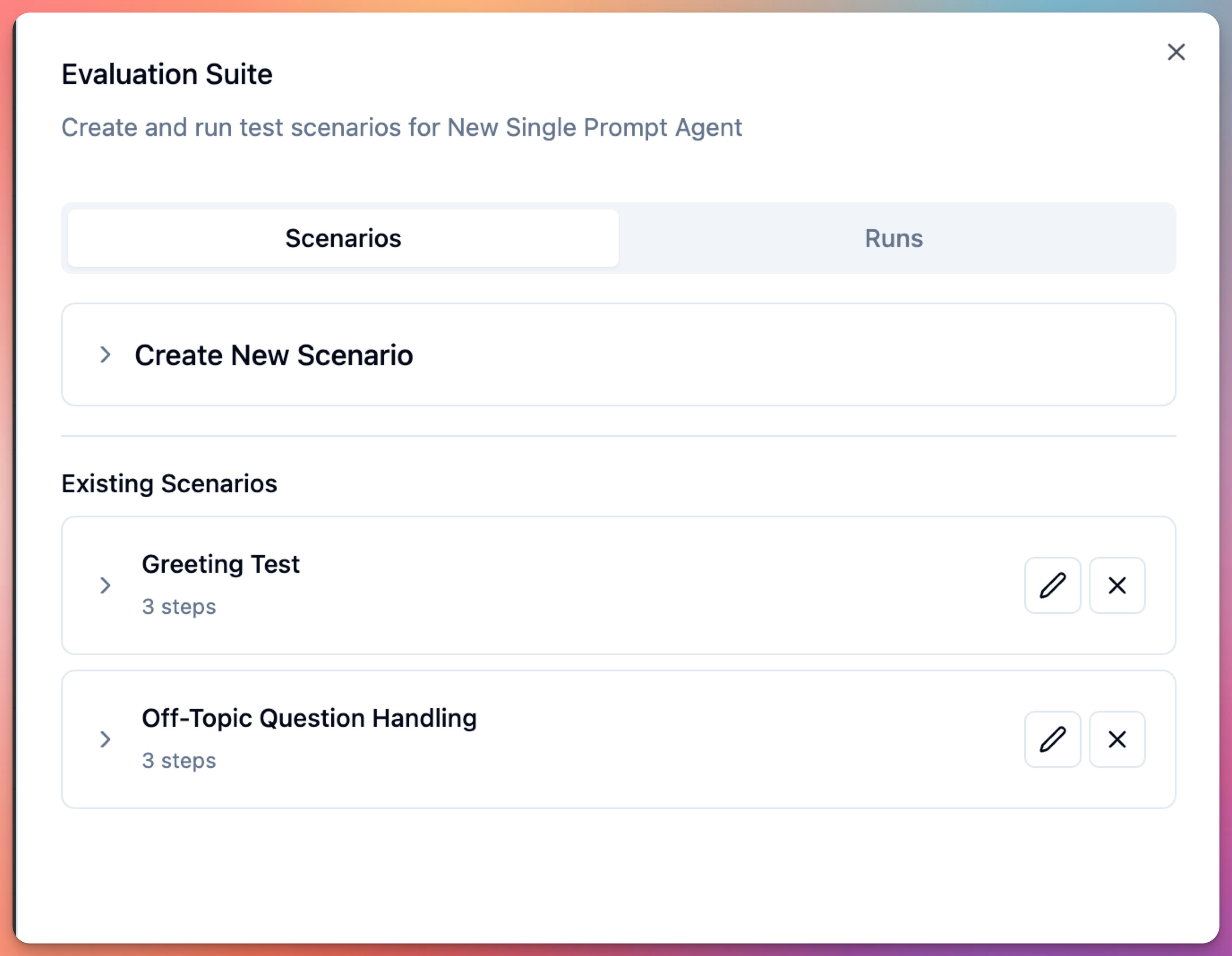 agent edit screen - evaluation suite pannel