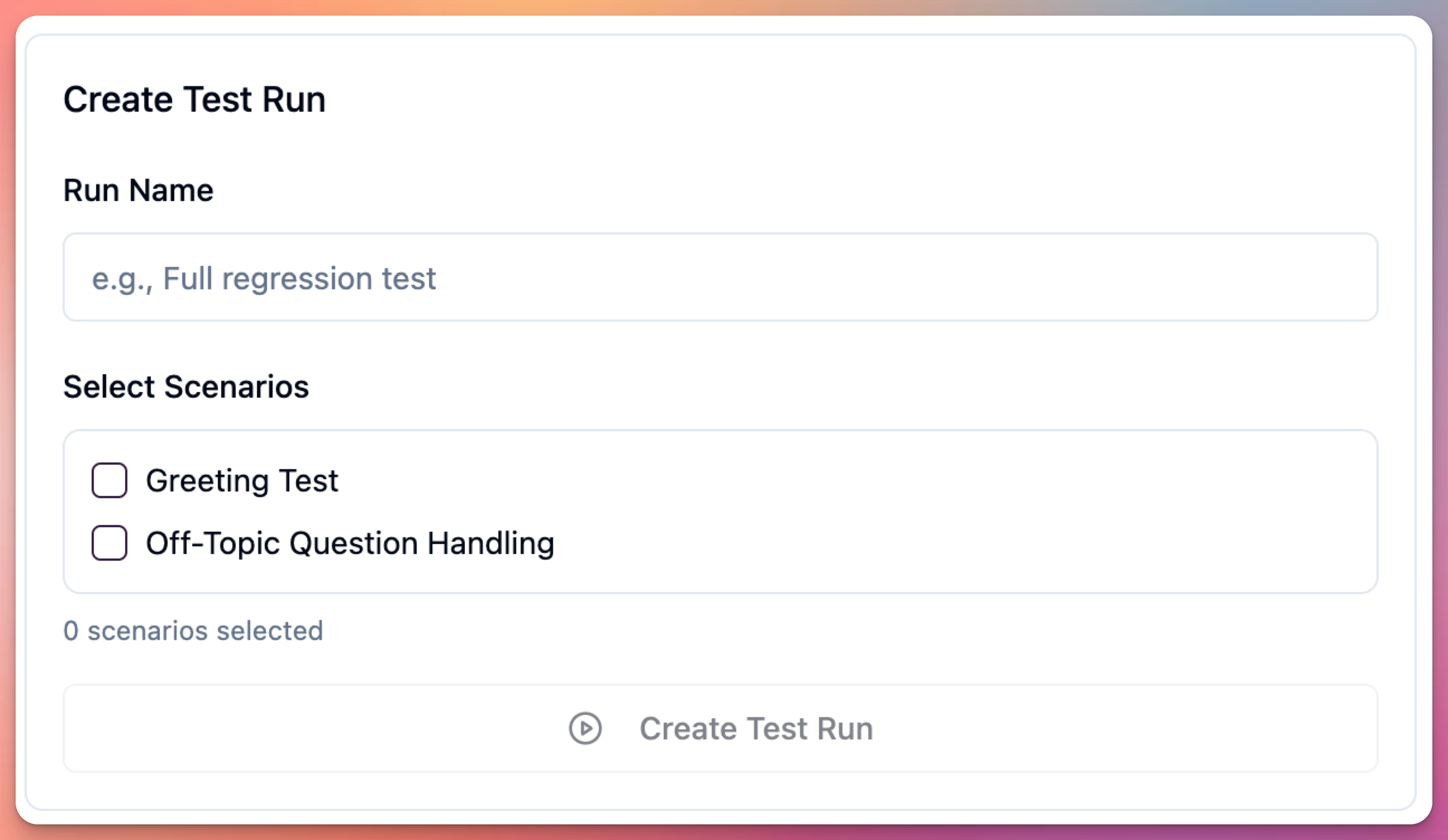 agent edit screen - evaluation suite - create test run