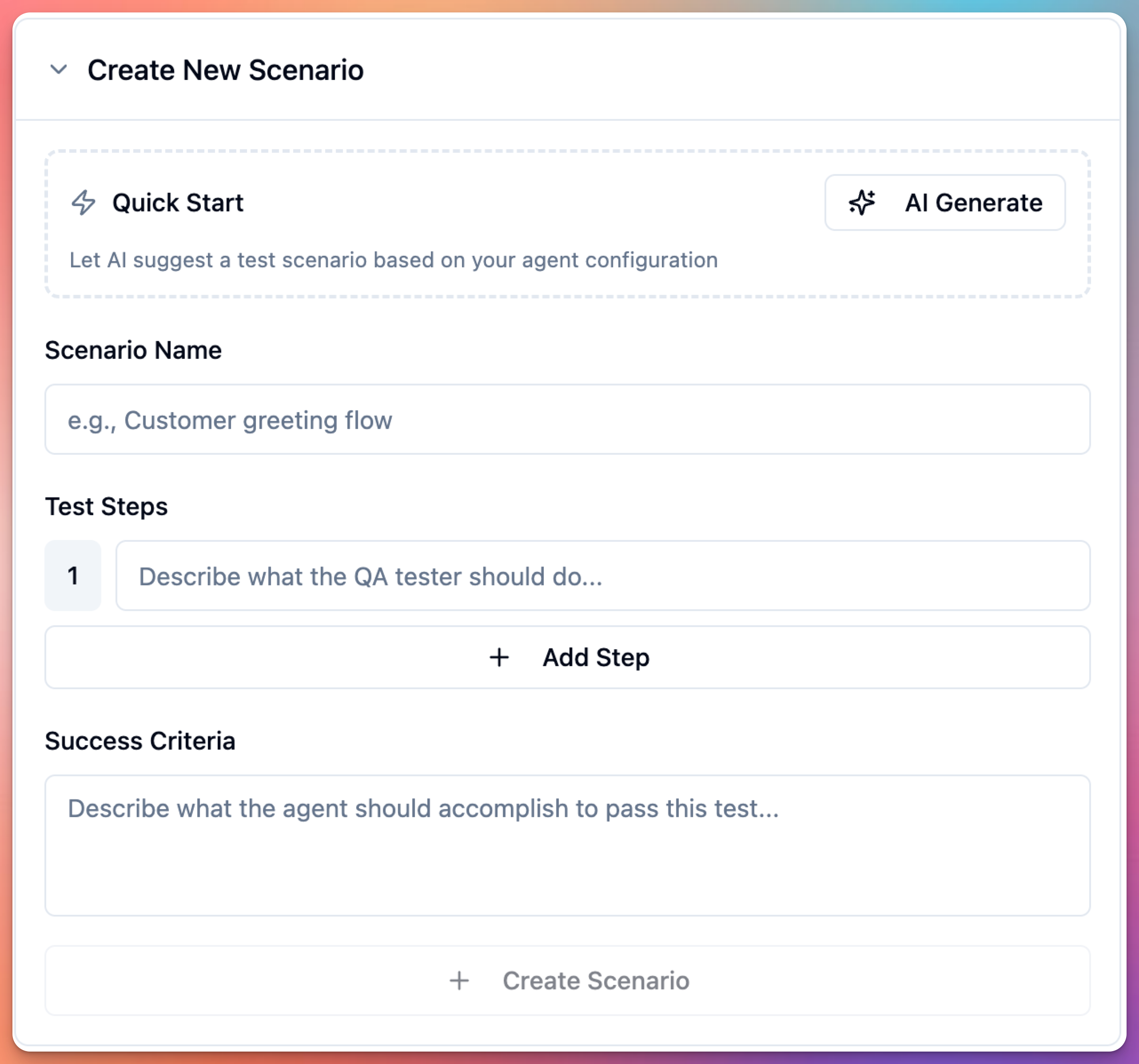 agent edit screen - evaluation suite - create or generate scenario