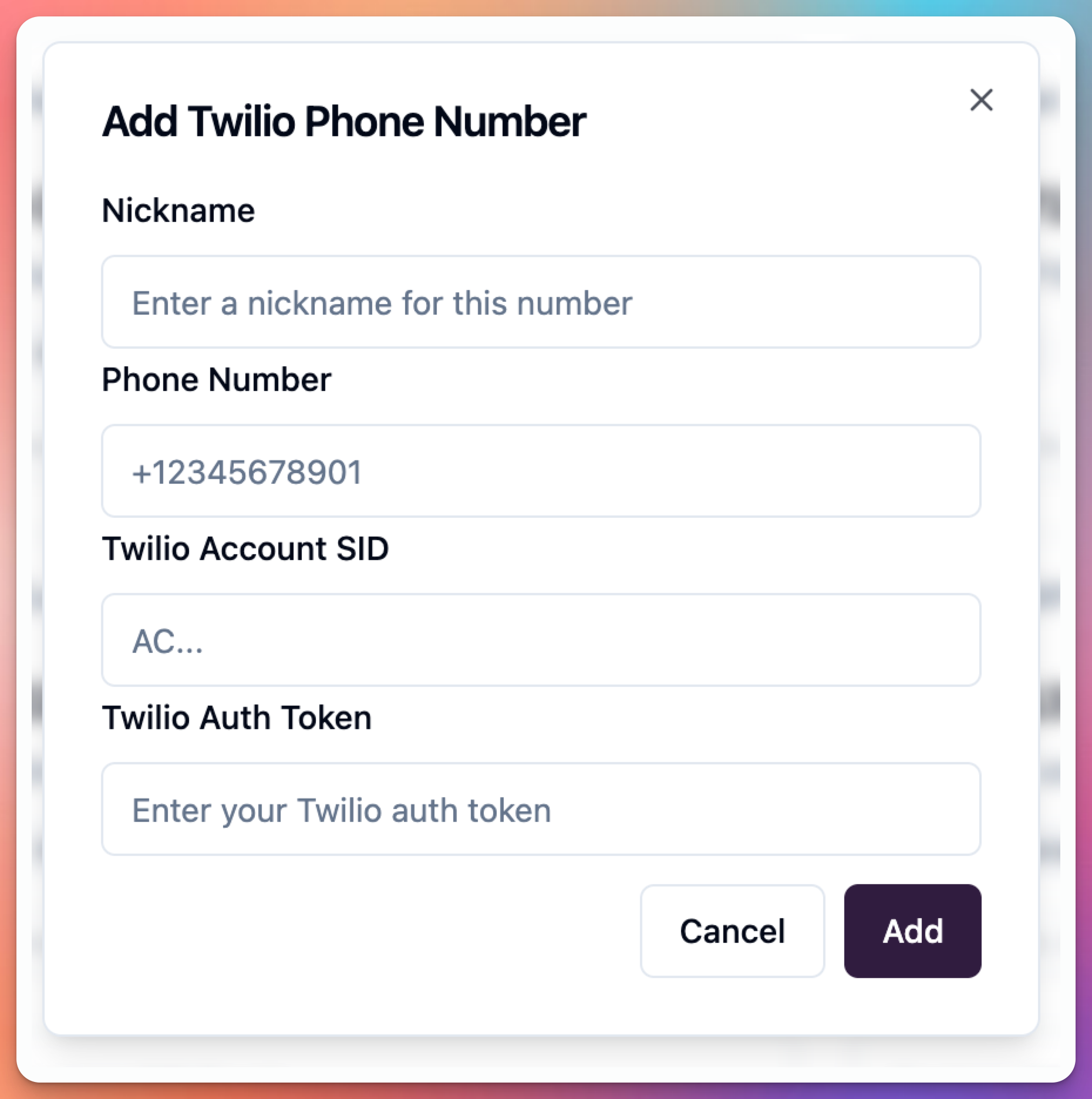 phone number screen - bring your own twilio (BYOT) creation modal