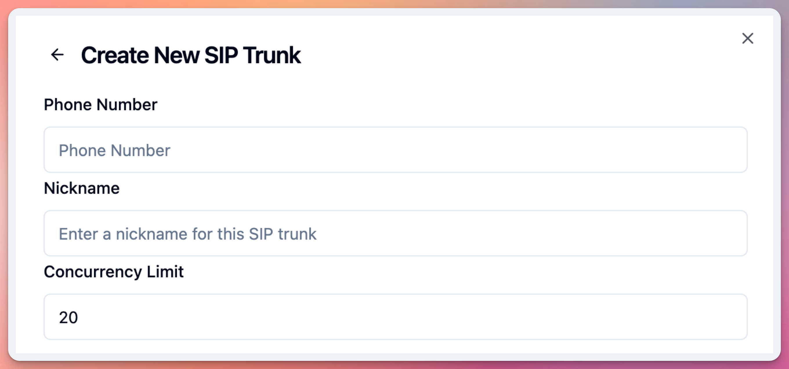 phone number screen - sip trunk - section phone number, nickname, concurrency
