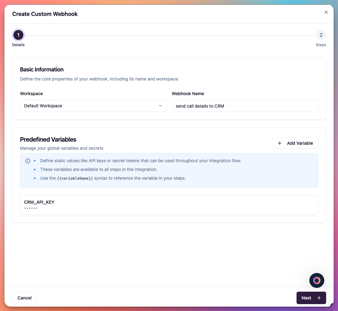 Webhooks > create new webhook > step 1