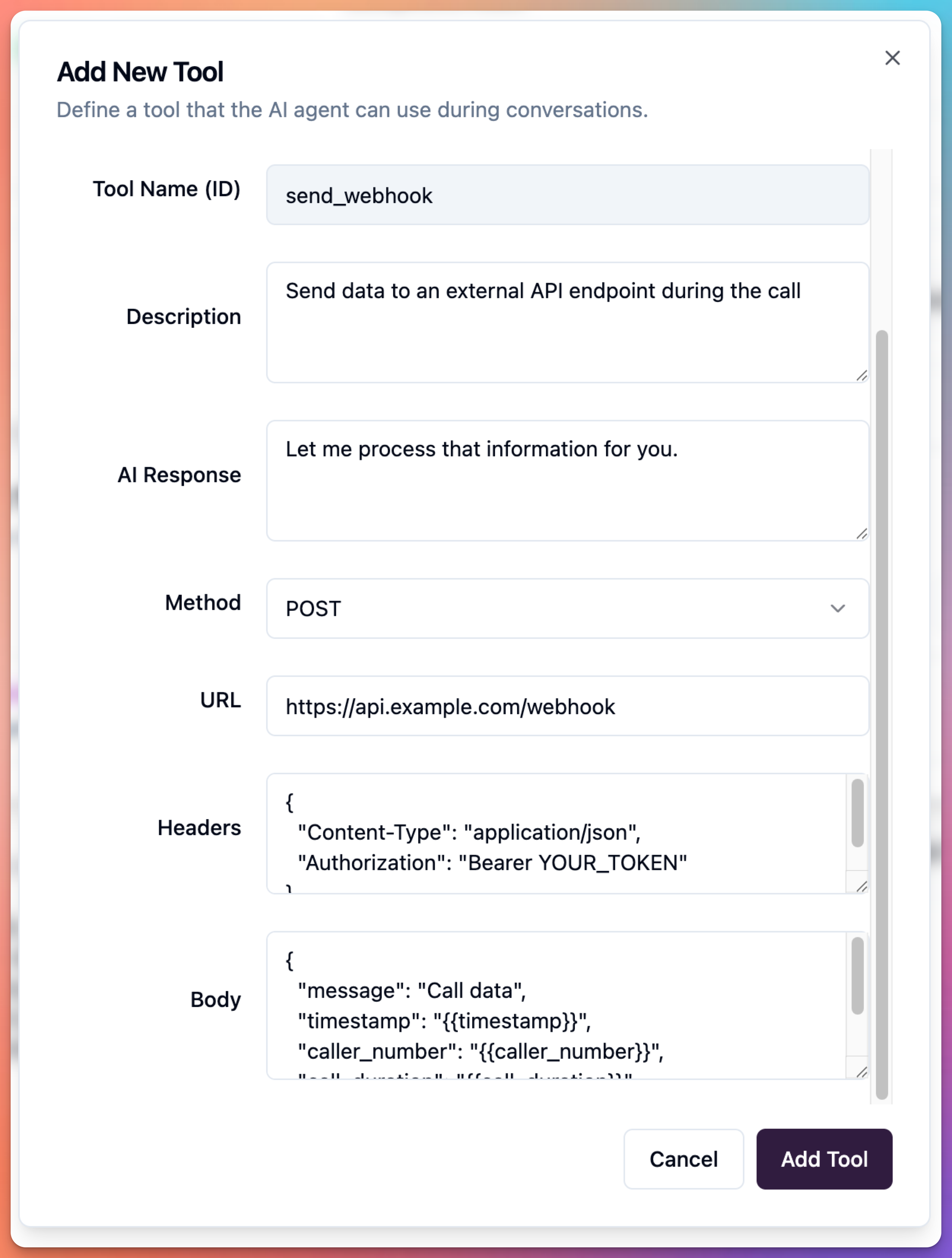 agent edit screen - live webhook tool