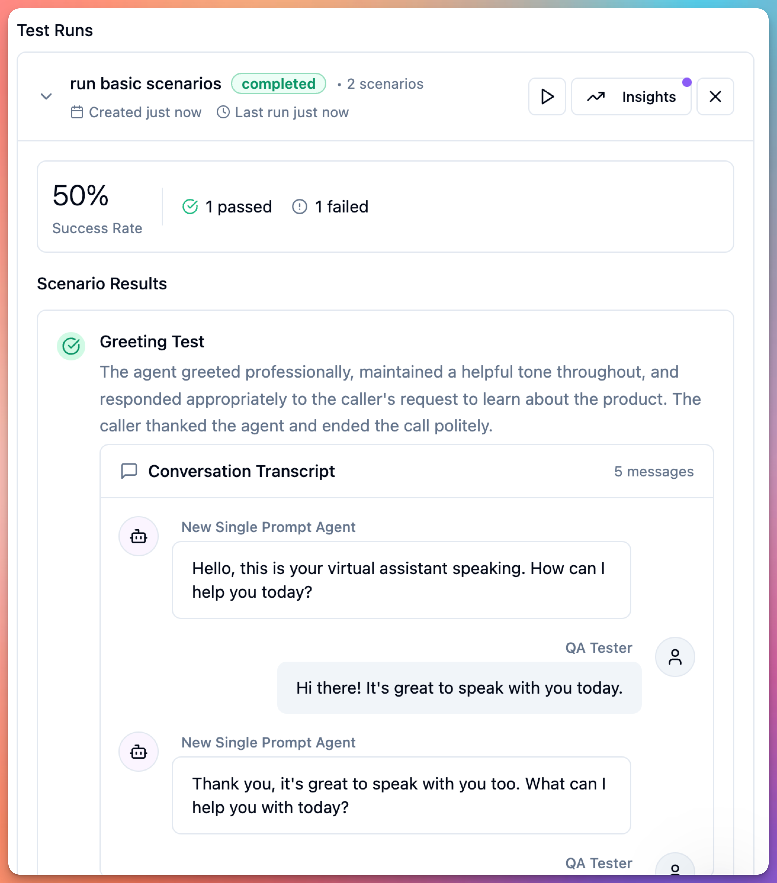 agent edit screen - evaluation suite pannel - view test results