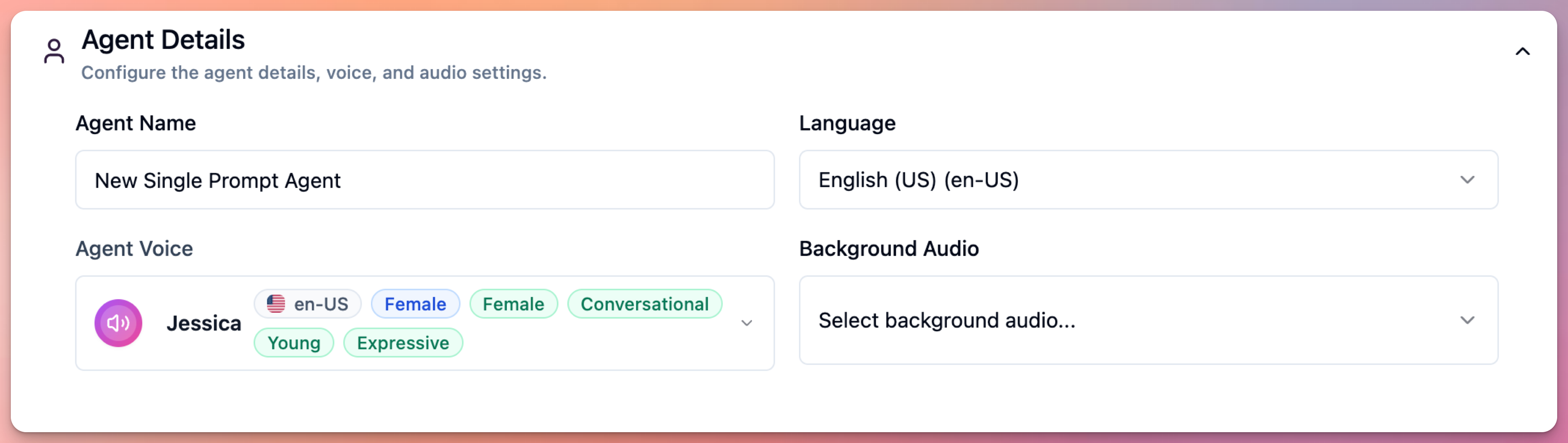 agent edit screen - agent name, agent voice, agent language, background audio