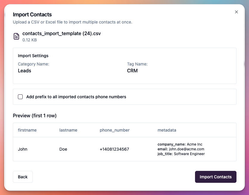 Contacts > import contacts > preview screen and validation