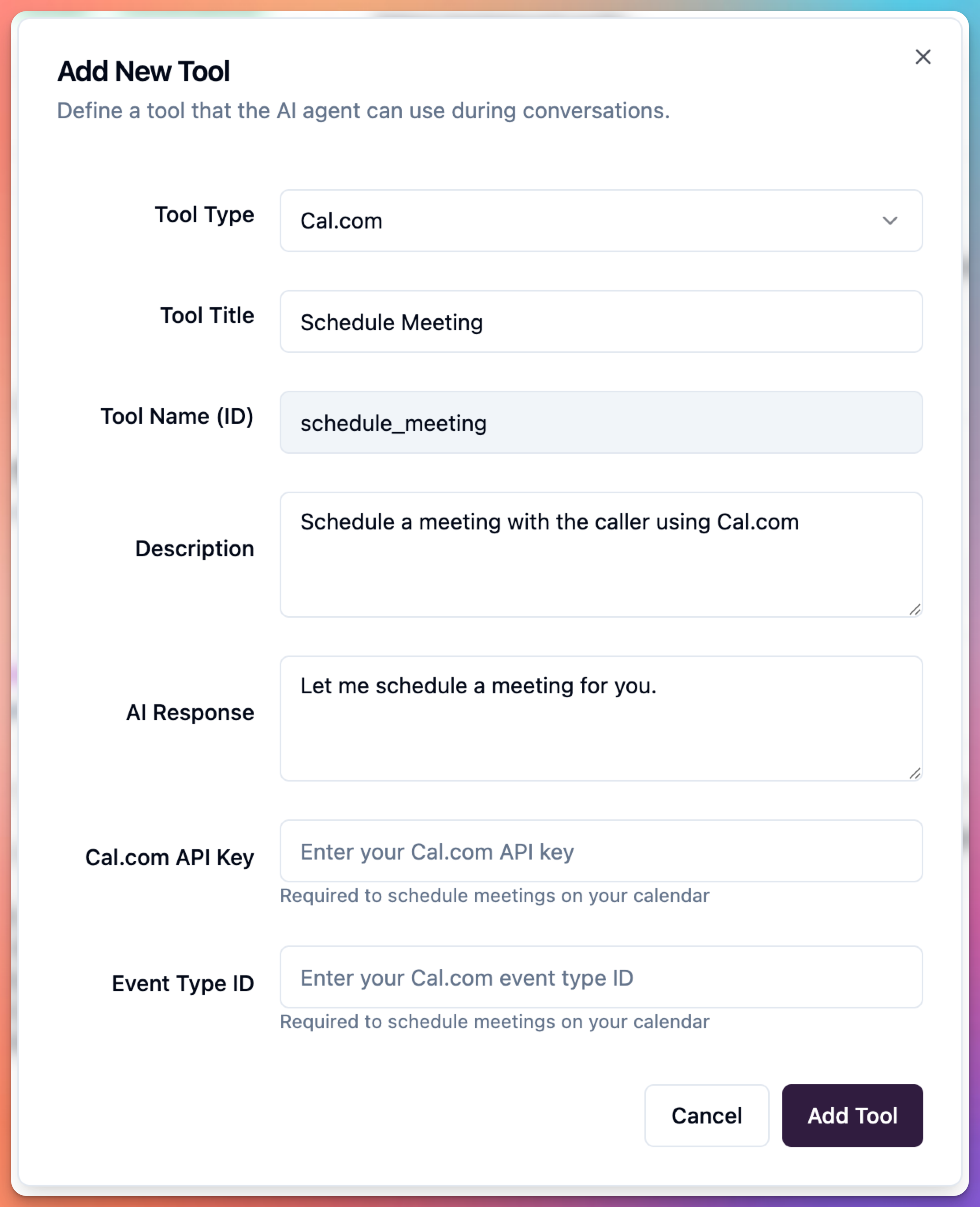 agent edit screen - call.com tool (appointment scheduling, availability check, calendar)