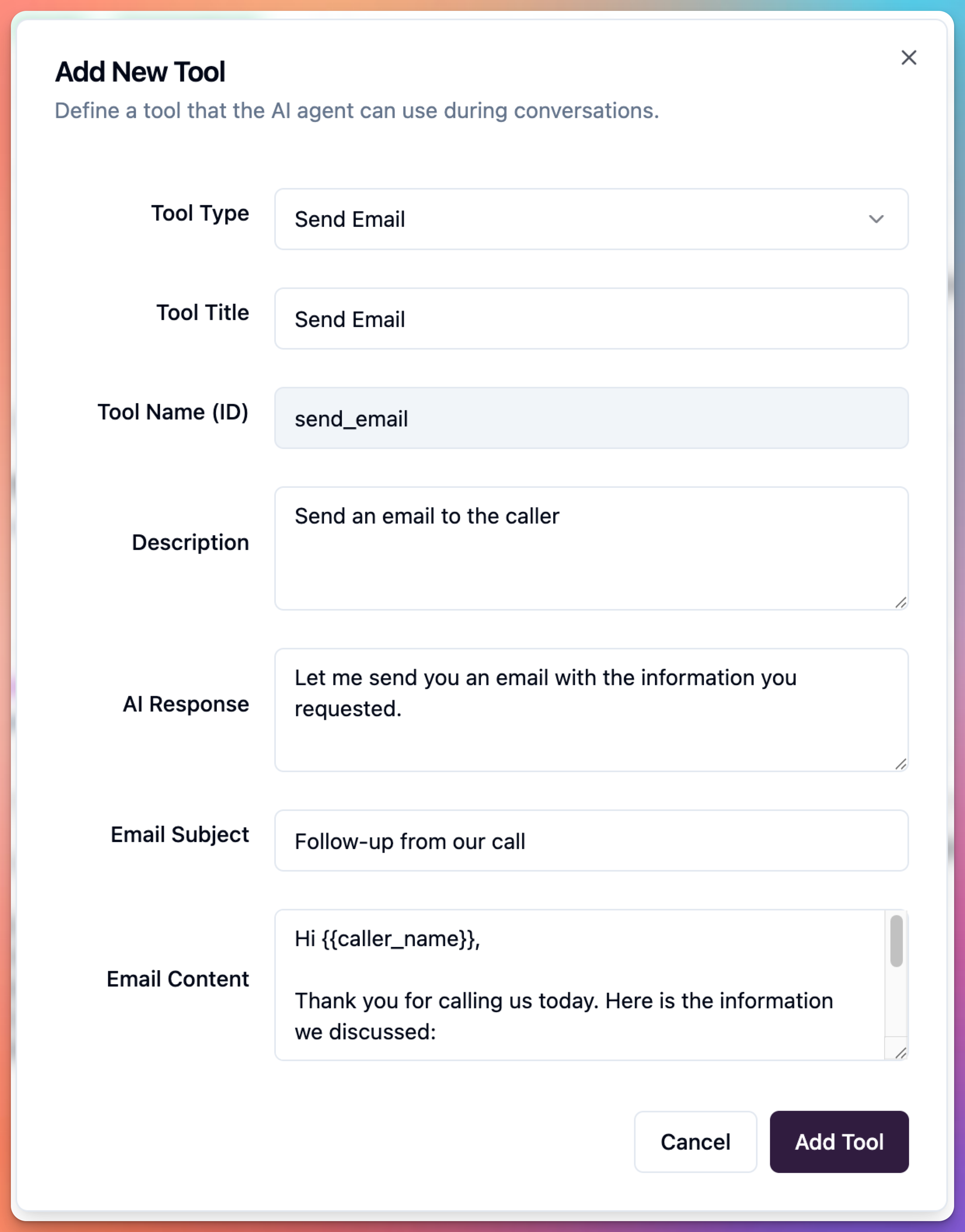 agent edit screen - send email tool
